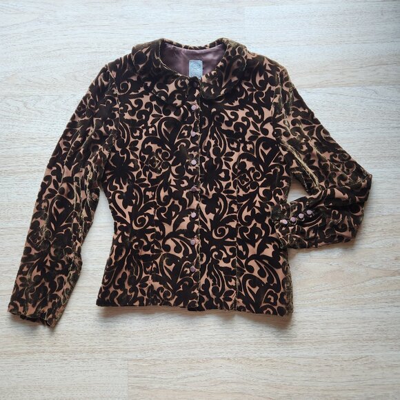 Wah Maker True West Burnout Velvet Shirt Button Long Sleeve Silk Blend Brown - Picture 2 of 6